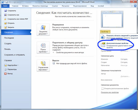 Word 2010 - Сведения - Свойства - Дополнительные свойства