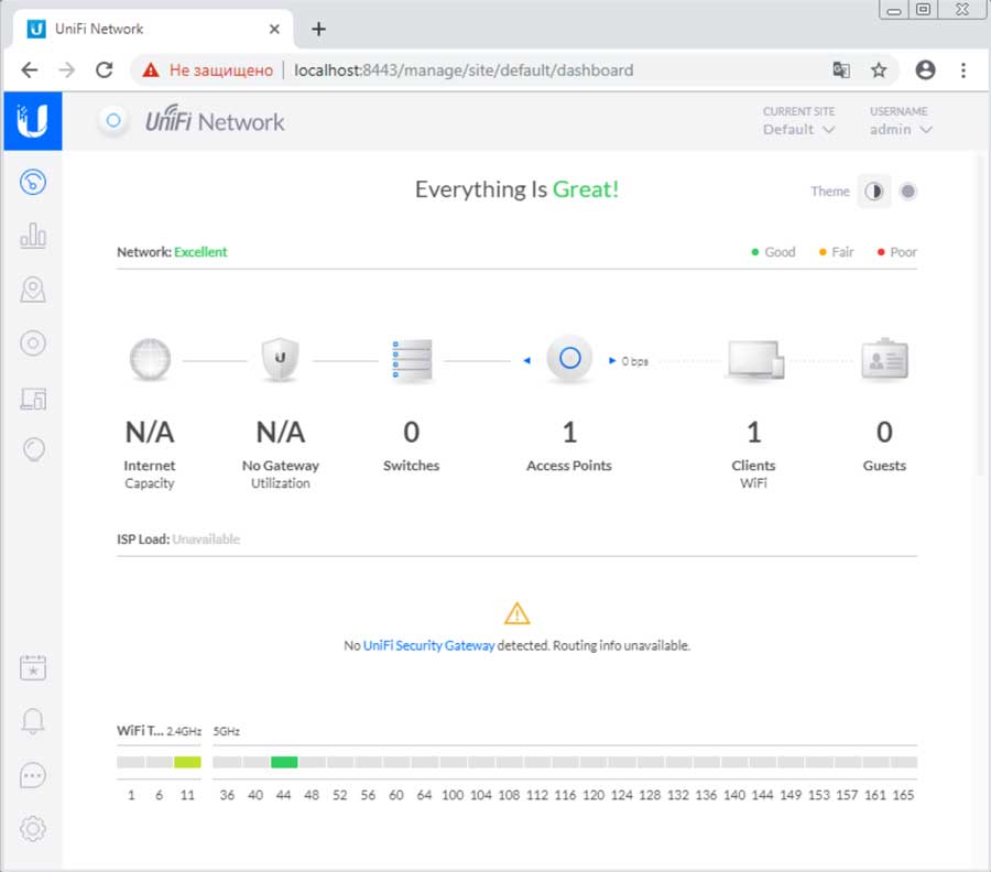 Окно программы UniFi controller после перезагрузки